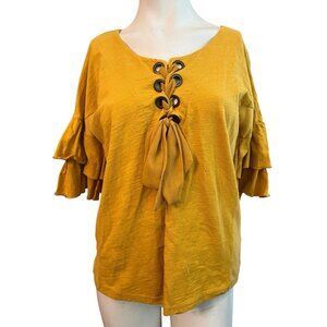 Umgee Ladies Small Mustard Yellow Blouse Front Tie 3/4 Ruffled Tiered Sleeves